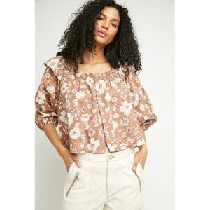 Free People Brown Floral Peasant Blouse with Cream Flowers